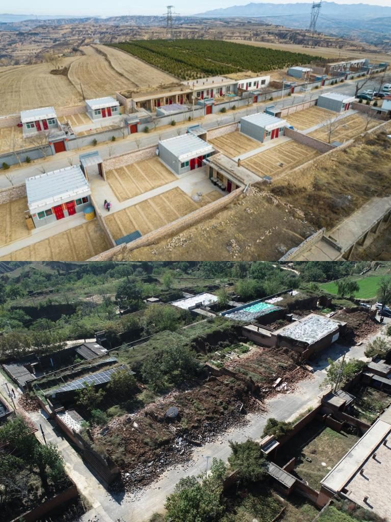拼版照片，上圖是2022年1月山西省霍州市師莊鄉(xiāng)馮南垣村災后恢復重建后的場景，下圖是2021年10月村莊因災受損的場景。(霍州市委宣傳部供圖)