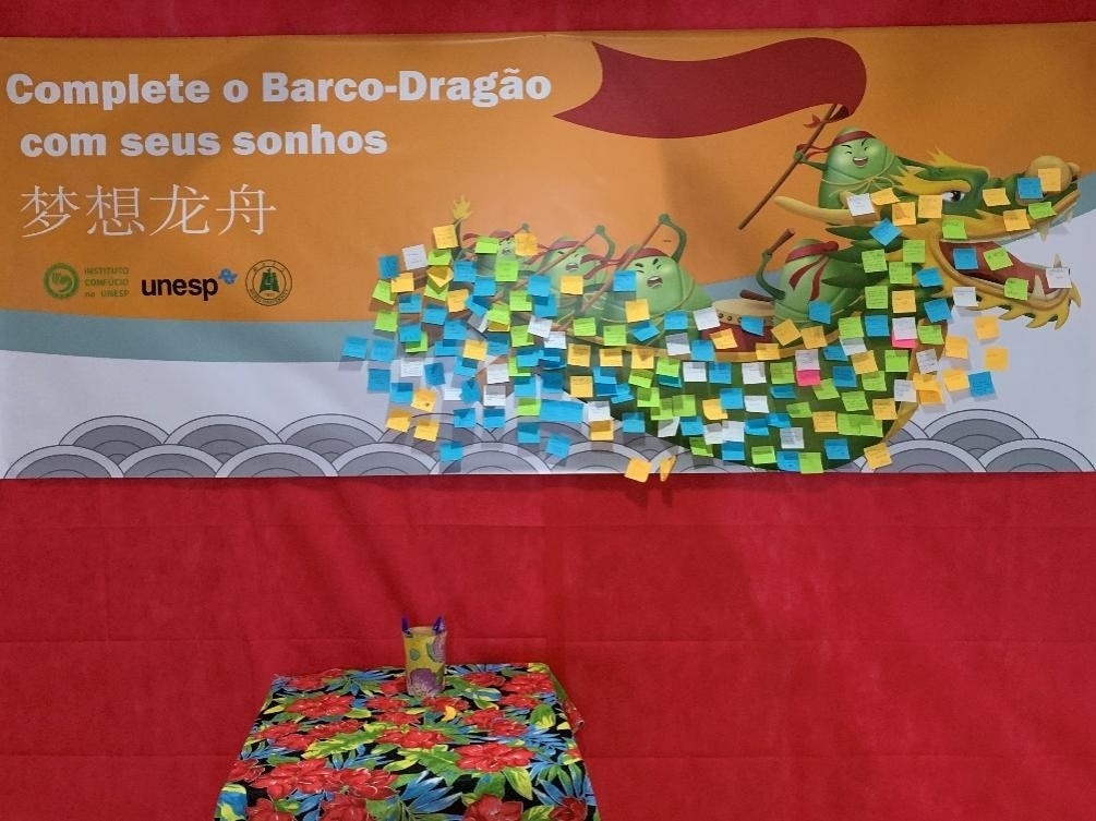 活動現(xiàn)場設(shè)置了“夢想龍舟”環(huán)節(jié)，大家將自己寫下的心愿貼在“龍舟”上，期盼“龍舟”承載自己的夢想駛向更美好的未來。（圣保羅州立大學孔子學院供圖）