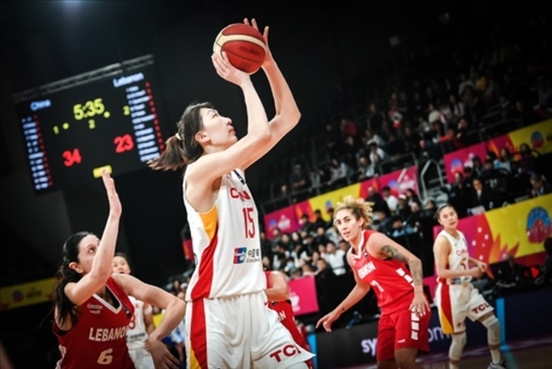 中國(guó)女籃隊(duì)員韓旭籃下進(jìn)攻。圖片來(lái)源：國(guó)際籃聯(lián)