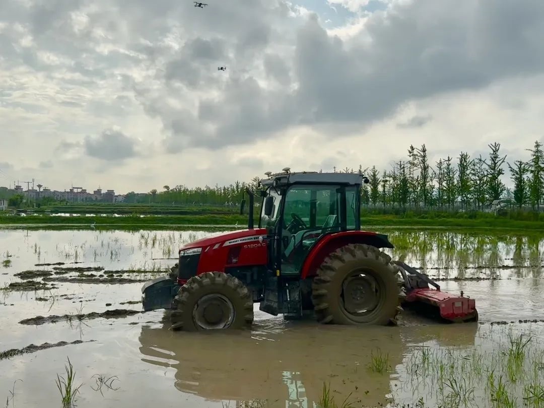 浙江省金華市東陽市城東街道寀盧村的一臺無人駕駛耕地機。靜玄 攝