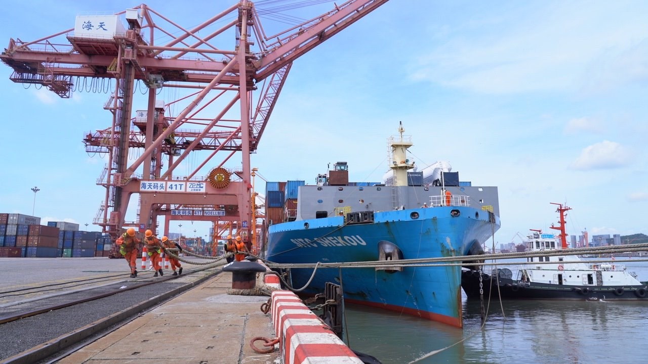 7月22日上午，“絲路海運(yùn)”電商快線“海豐蛇口”輪?？繌B門海天碼頭12號(hào)泊位裝卸集裝箱貨物。人民網(wǎng)記者 蘭志飛攝