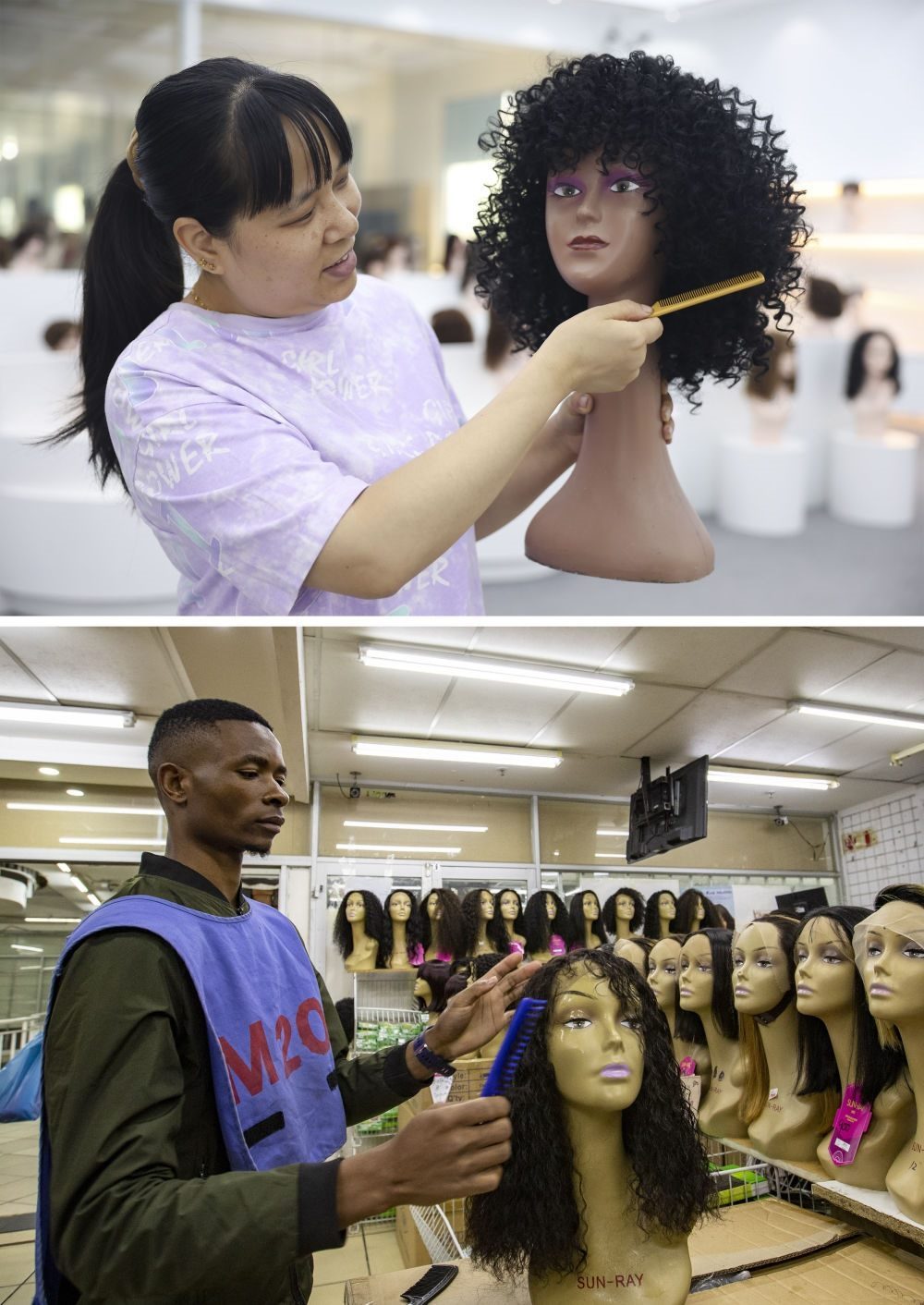 拼版照片：上圖為2023年5月25日，工人在湖南邵陽陽光發(fā)品有限公司展廳展示假發(fā)（新華社記者薛宇舸攝）；下圖為2023年6月9日，一名店員在湖南邵陽陽光發(fā)品有限公司位于南非約翰內(nèi)斯堡的店鋪內(nèi)展示假發(fā)（新華社記者張譽(yù)東攝）。新華社發(fā)