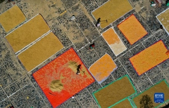 9月16日，貴州省黔東南苗族侗族自治州丹寨縣南皋鄉(xiāng)石橋村村民在晾曬農(nóng)作物（無人機(jī)照片）。