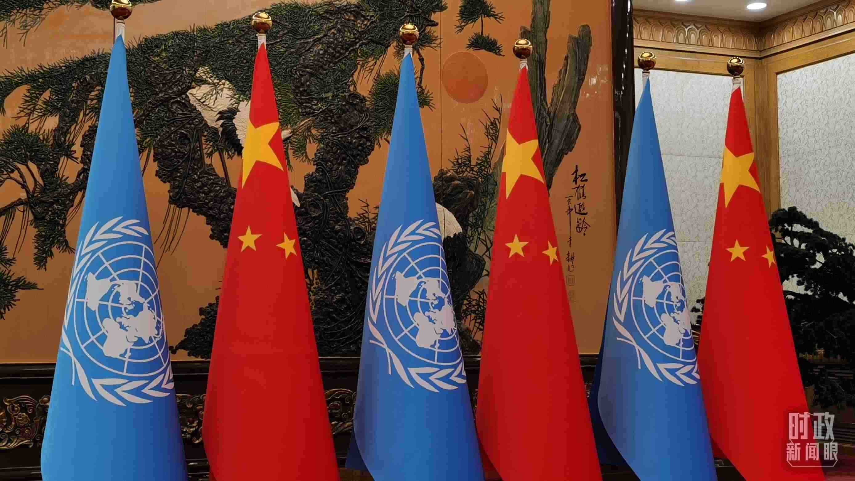 △會(huì)見現(xiàn)場的中國國旗和聯(lián)合國旗。（總臺(tái)央視記者郭鴻拍攝）