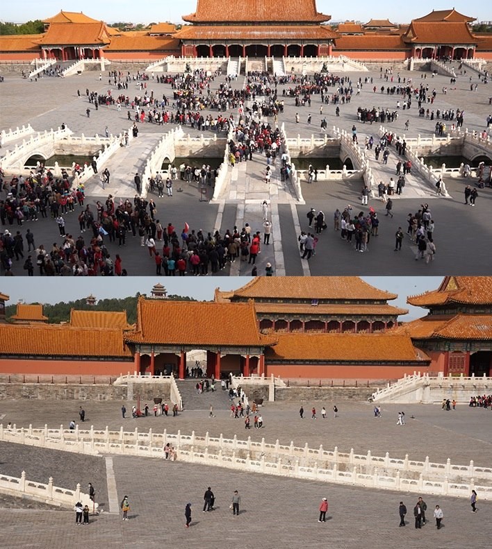 上午9時(shí)和下午13時(shí)的太和門廣場(chǎng)客流對(duì)比。故宮博物院供圖