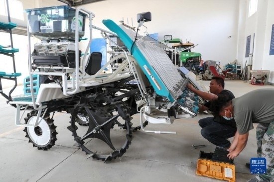 11月4日，技術員在南通市通州區(qū)十總鎮(zhèn)育民村農(nóng)場保養(yǎng)無人插秧機設備。