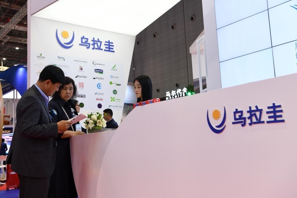 2019年11月6日，參觀者在第二屆進(jìn)博會(huì)烏拉圭國(guó)家館展臺(tái)咨詢。