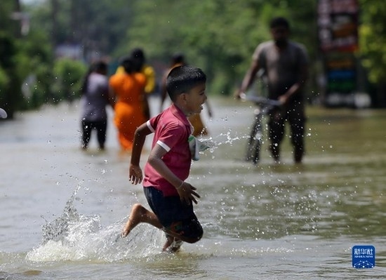 11月24日，一名男孩在斯里蘭卡加姆珀哈涉水出行。新華社發(fā)（阿吉特·佩雷拉攝）