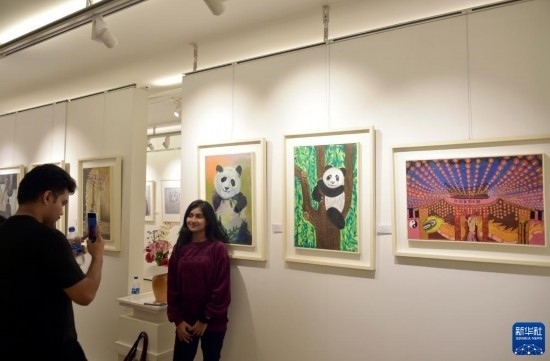 11月22日，在孟加拉國達(dá)卡，人們在“國家印象”繪畫展上參觀拍照。新華社發(fā)（薩利姆攝）