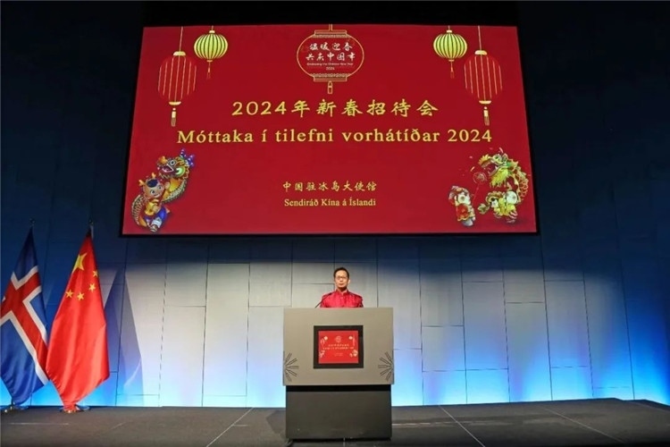 中國(guó)駐冰島大使何儒龍致辭。中國(guó)駐冰島大使館供圖