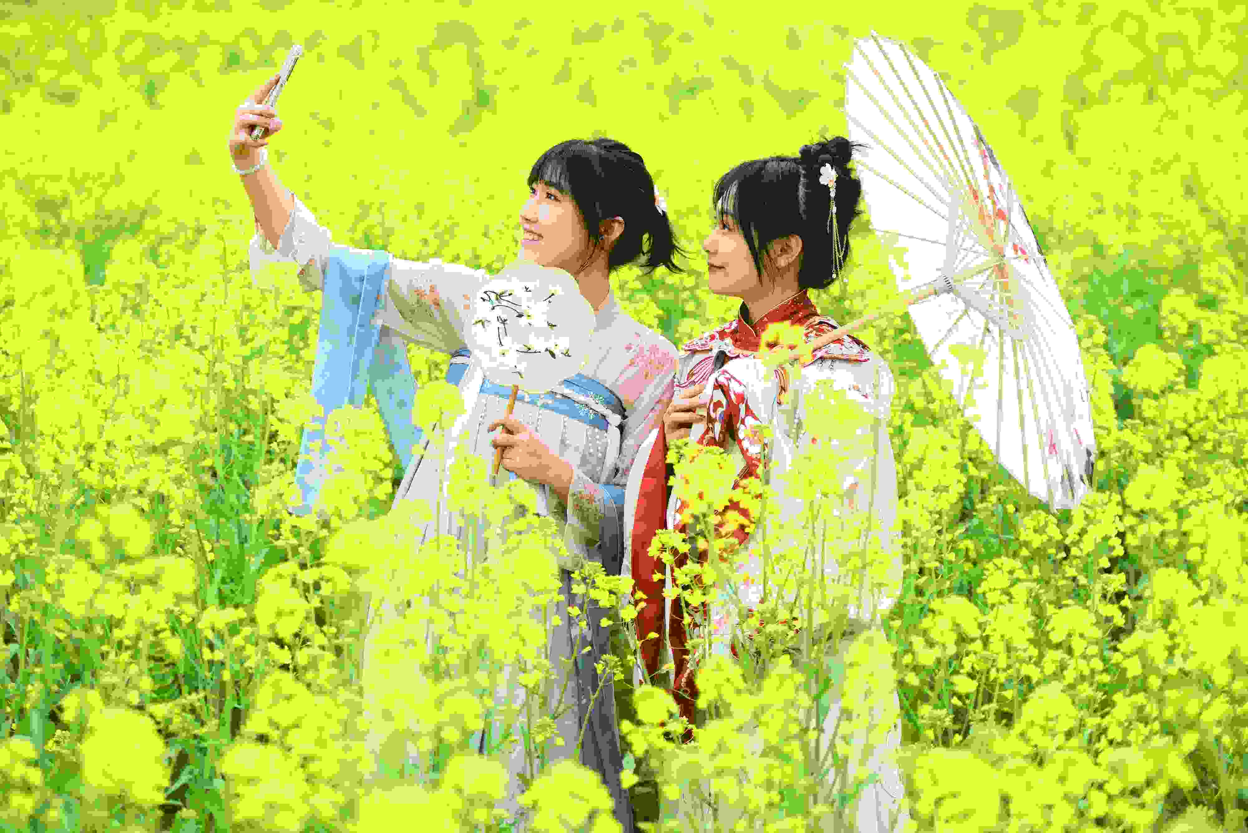 △ 2024年2月16日，廣西賀州，在富川瑤族自治縣麥嶺鎮(zhèn)三民村，游客在油菜花田間賞花拍照。