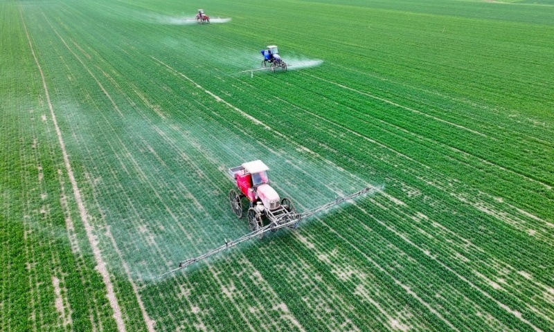 2024年2月18日，安徽省亳州市，利辛縣紀(jì)王場鄉(xiāng)孫老家村麥田，農(nóng)民駕駛自走式高桿噴霧機對小麥進行噴藥作業(yè)。