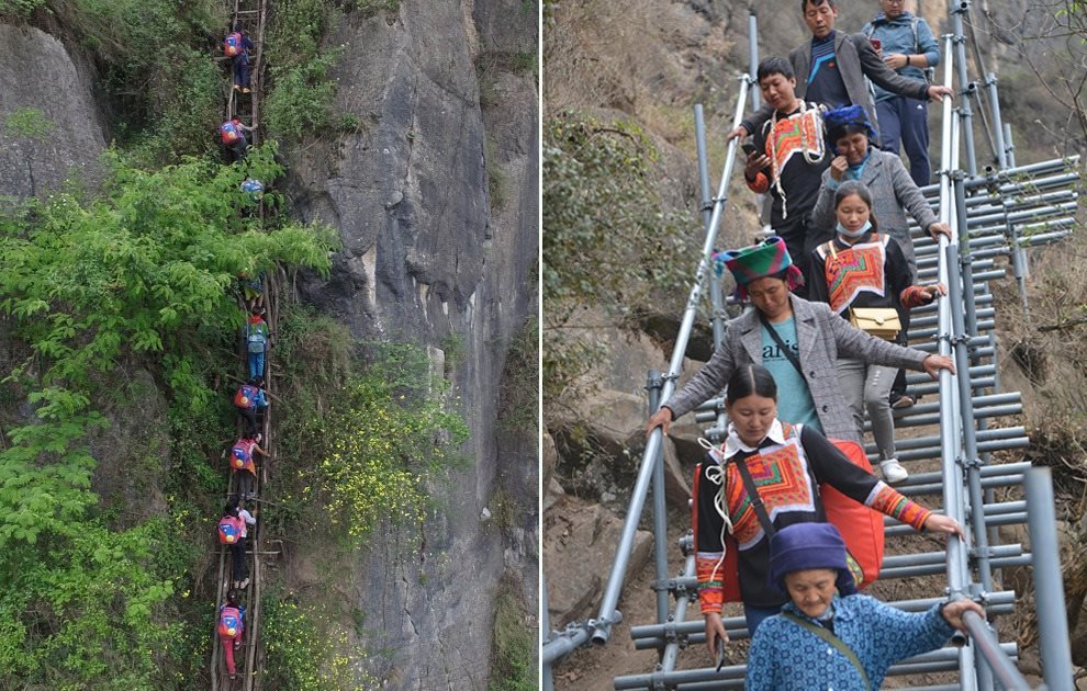 “懸崖村”今昔對比：左圖為2016年5月14日，“懸崖村”的孩子們攀爬木梯回家。右圖為2020年5月13日，“懸崖村”村民帶著行李通過鋼梯下山，搬遷至易地扶貧集中安置點的新家。