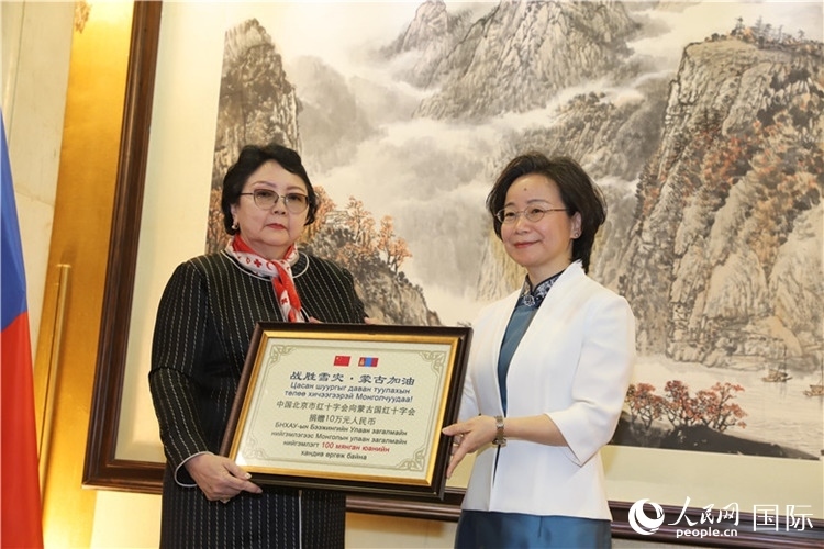 沈大使向?qū)殑跔柆敚ㄗ螅┟貢L轉(zhuǎn)交捐款。人民網(wǎng)記者 霍文攝