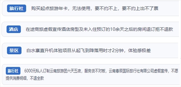 “人民投訴”用戶投訴在線旅游平臺虛假宣傳、購買的旅游卡無法預約、景區(qū)項目體驗差、定制游服務欺詐等問題。（“人民投訴”平臺截圖）