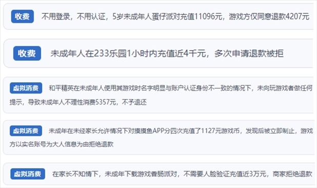 “人民投訴”用戶舉報身份認證成擺設、大額充值無提醒、提供證據被駁回、商家設置退款障礙等未成年人網游消費亂象。（“人民投訴”平臺截圖）