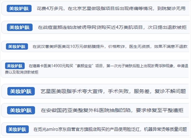 “人民投訴”用戶舉報醫(yī)美未達預期效果或導致身體損傷退款遭拒、機構及服務人員虛假資質、被誘導高額醫(yī)美貸、網購美容儀器質量不過關等問題。（“人民投訴”平臺截圖）