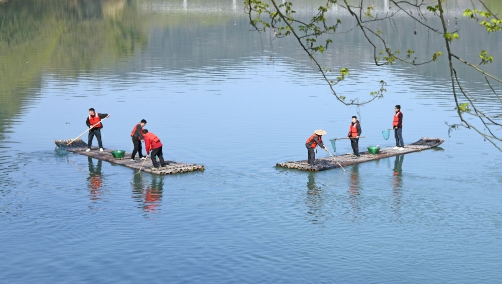浙江省臺(tái)州市仙居縣步路鄉(xiāng)黨員志愿者與河長一起在永安溪巡河護(hù)水，清理雜物垃圾（2024年3月20日攝）。新華社發(fā)（王華斌攝）