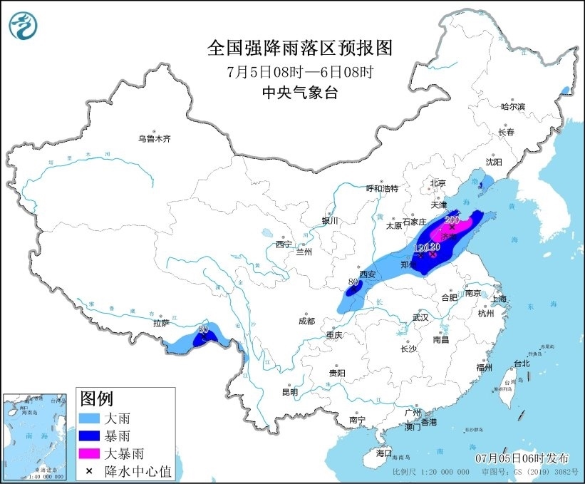 全國強降水落區(qū)預(yù)報（7月5日08時-6日08時）