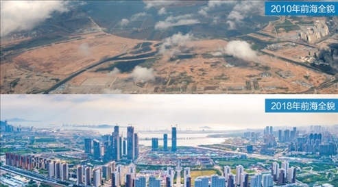 △在前海石公園的前海開發(fā)開放成果展示墻上，一張八年間的前海全貌對(duì)比圖。
