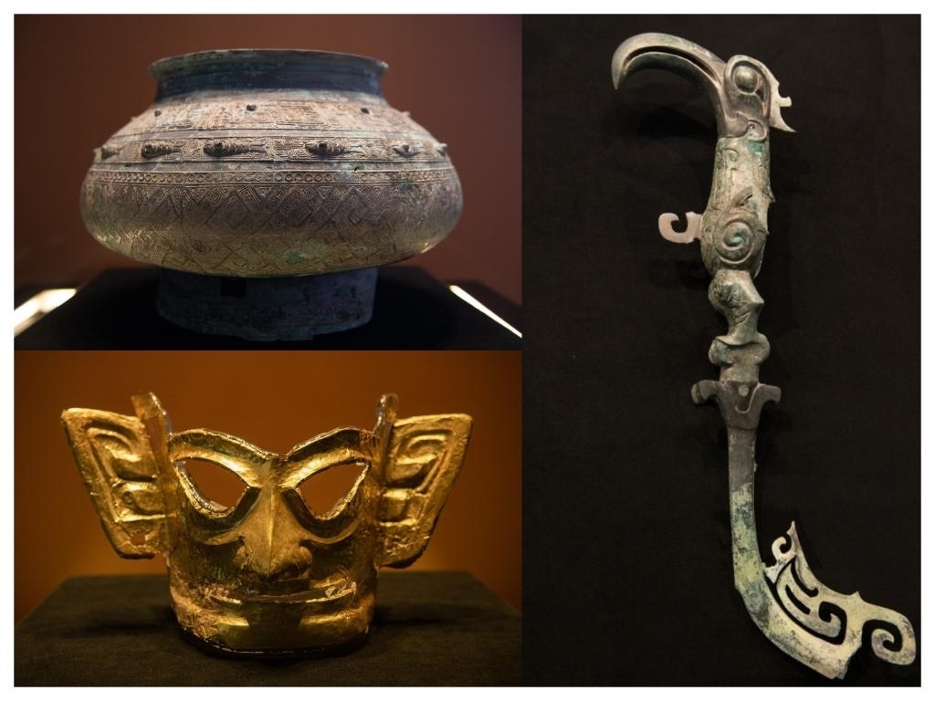 拼版照片：左上圖為青銅瓿，左下圖為黃金面具，右圖為青銅樹(shù)枝。新華社記者唐文豪 攝