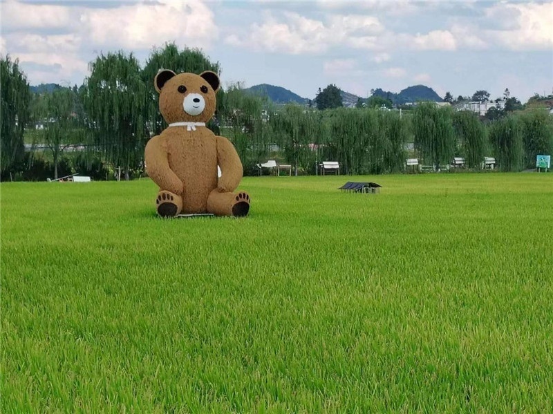 稻穗搖曳，垂柳依依，山嵐多姿，好一幅歲月靜好山鄉(xiāng)恬靜圖。這憨厚俏皮的熊玩偶造型，像是亂入其中，形成現(xiàn)代與傳統(tǒng)、好動(dòng)與寧靜的反差感，讓人過目不忘，也讓人莞爾一笑。（哈薩克斯坦鳳凰24新聞社總編輯兼首席執(zhí)行官克馬爾·馬山羅攝）