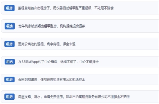 網(wǎng)友涉及租房消費(fèi)中的相關(guān)投訴問題。（“人民投訴”用戶投訴截圖）
