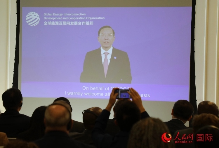 全球能源互聯(lián)網(wǎng)發(fā)展合作組織主席、中國電力企業(yè)聯(lián)合會理事長辛保安通過視頻方式致辭。人民網(wǎng)記者 李志偉攝