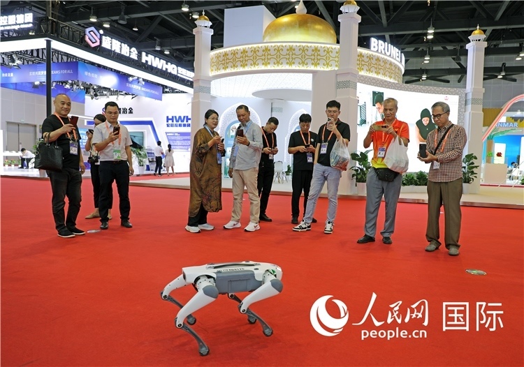 東博會上，觀眾正在參觀一只機(jī)器狗。綠色能源、新能源汽車、綠色農(nóng)產(chǎn)品等成為本屆東博會觀眾關(guān)注的焦點(diǎn)。人民網(wǎng)記者 趙益普攝