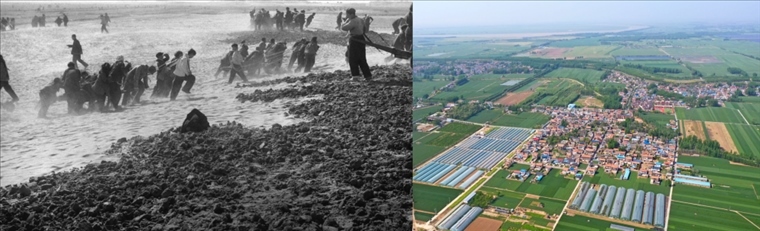 拼版照片：左圖為蘭考群眾在拉淤土壓沙（新華社記者 鄧歷耕 攝）；右圖為2024年4月25日拍攝的蘭考縣張莊村（無人機(jī)照片，新華社記者 郝源 攝）。