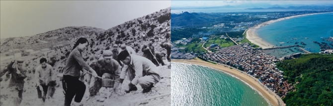 拼版照片：左圖為東山縣群眾在荒山上種植樹苗（資料照片）；右圖為2020年6月18日拍攝的東山縣陳城鎮(zhèn)澳角村附近風(fēng)光（無人機(jī)照片，新華社記者 姜克紅 攝）。