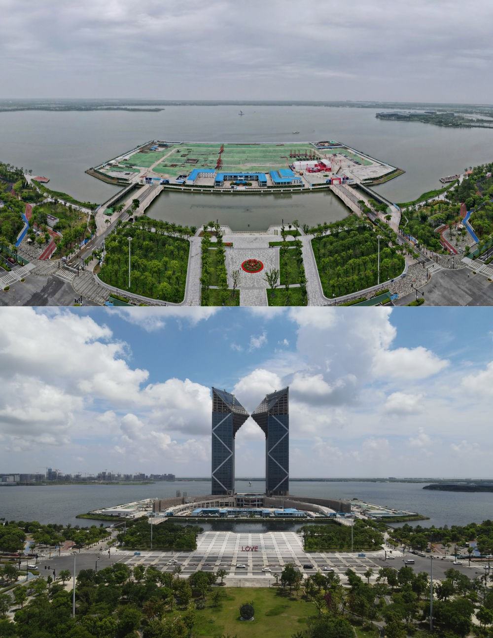 拼版照片：空中俯瞰中國(guó)（上海）自由貿(mào)易試驗(yàn)區(qū)臨港新片區(qū)滴水湖西島中銀金融中心項(xiàng)目現(xiàn)場(chǎng)（上圖為2021年6月20日攝，無人機(jī)照片；下圖為2024年8月14日攝，無人機(jī)照片）。2019年8月20日，臨港新片區(qū)揭牌成立，一個(gè)開放新高地在長(zhǎng)江與東海交匯處日益崛起。