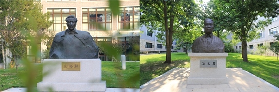 △左圖為中央黨校（國家行政學院）校園內(nèi)的焦裕祿雕塑，右圖為校園內(nèi)的谷文昌雕塑。