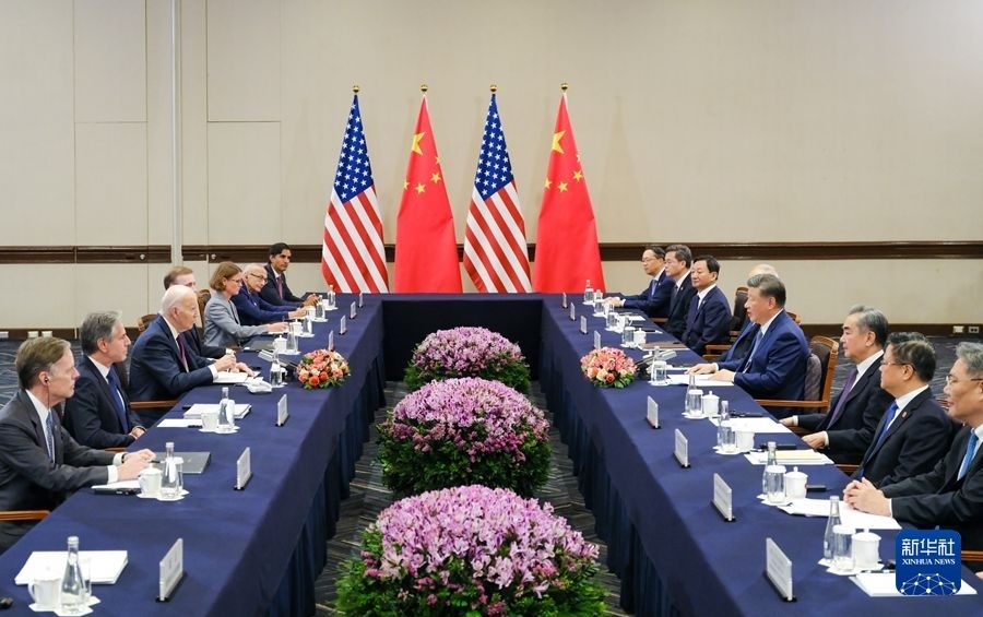 當?shù)貢r間11月16日下午，國家主席習(xí)近平在利馬同美國總統(tǒng)拜登舉行會晤。新華社記者 丁林 攝