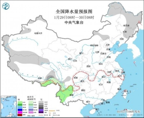 全國降水量預(yù)報(bào)圖(1月29日08時(shí)-30日08時(shí)) 圖片來源：中央氣象臺網(wǎng)站