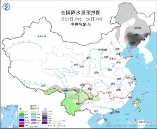 全國降水量預(yù)報(bào)圖(1月27日08時(shí)-28日08時(shí)) 圖片來源：中央氣象臺網(wǎng)站