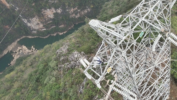 羅統(tǒng)在魯馬Ⅰ線1號塔上進行帶電作業(yè)。受訪者供圖