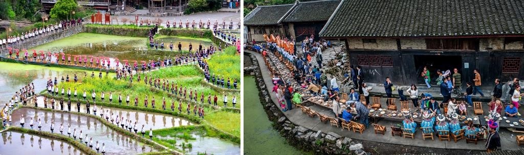 左圖：近期，人們在黎平縣肇興侗寨的田園里演唱侗族大歌（黎平縣委宣傳部供圖）；右圖：這是2023年拍攝的十八洞村長桌宴（湘西州委宣傳部供圖）。