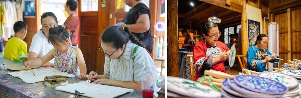 左圖：近期，游客在黎平縣肇興侗寨體驗非遺蠟染藝術(shù)（黎平縣委宣傳部供圖）；右圖：這是2024年拍攝的繡娘在十八洞村梨子寨苗繡鄉(xiāng)村振興示范基地制作苗繡產(chǎn)品（湘西州委宣傳部供圖）。