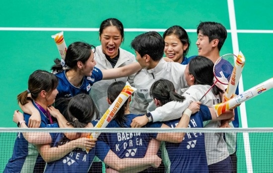 5月3日，韓國(guó)隊(duì)?wèi)c祝晉級(jí)決賽。新華社記者 孫非 攝