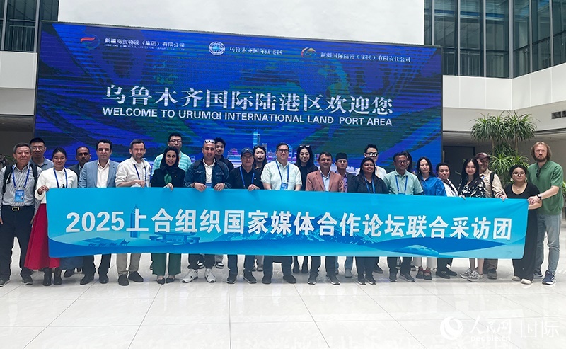 5月26日，外國媒體人在烏魯木齊國際陸港區(qū)合影留念。 人民網(wǎng)記者 翟轉麗攝
