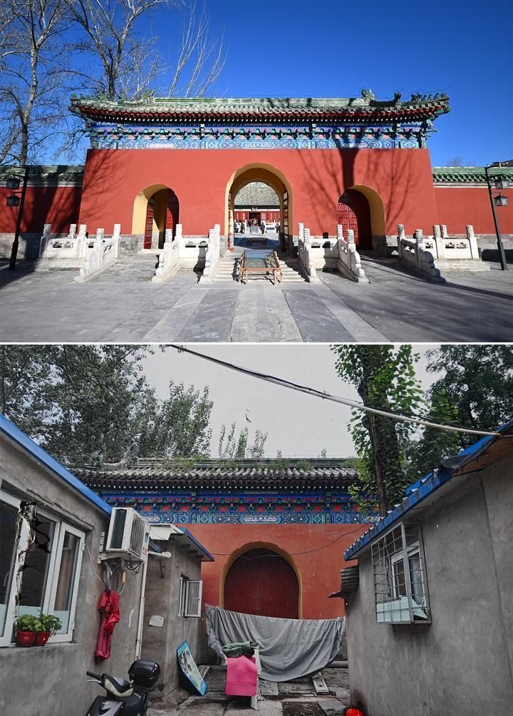 位于先農(nóng)壇內(nèi)的慶成宮，曾長時間被雜亂的民居占據(jù)。在北京中軸線申遺保護工作的帶動下，北京完成了慶成宮區(qū)域文物征收騰退、非文物建筑拆除、彩畫保護、本體修繕、展覽布陳等，讓560多年歷史的古建群重新回歸。2024年12月，北京中軸線上先農(nóng)壇內(nèi)的慶成宮首次面向社會公眾開放。上圖為騰退修繕后的慶成宮內(nèi)宮門（資料照片）；下圖為翻拍的慶成宮內(nèi)宮門騰退修繕前的資料照片（2024年12月21日攝）。